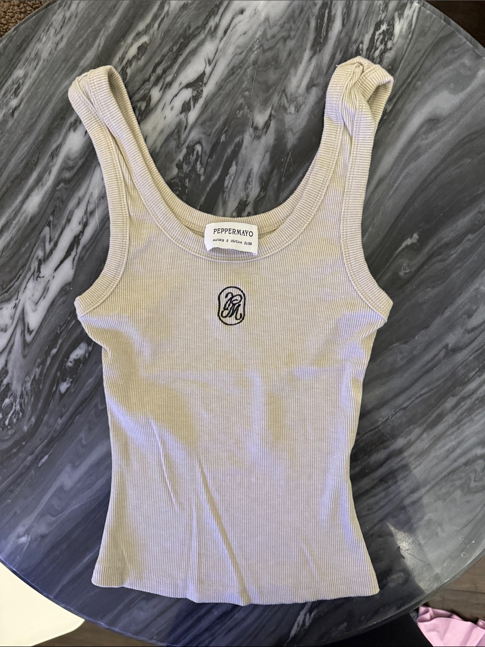 Peppermayo Beige Ribbed Tank Top with Embroidered Monogram